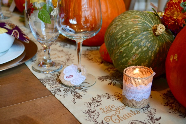 {Fun, Yum & Frills} Handmade burlap and lace wine tags and votives to match this rustic and colorful Friendsgiving/Thanksgiving tablescape on funyumandfrills.com