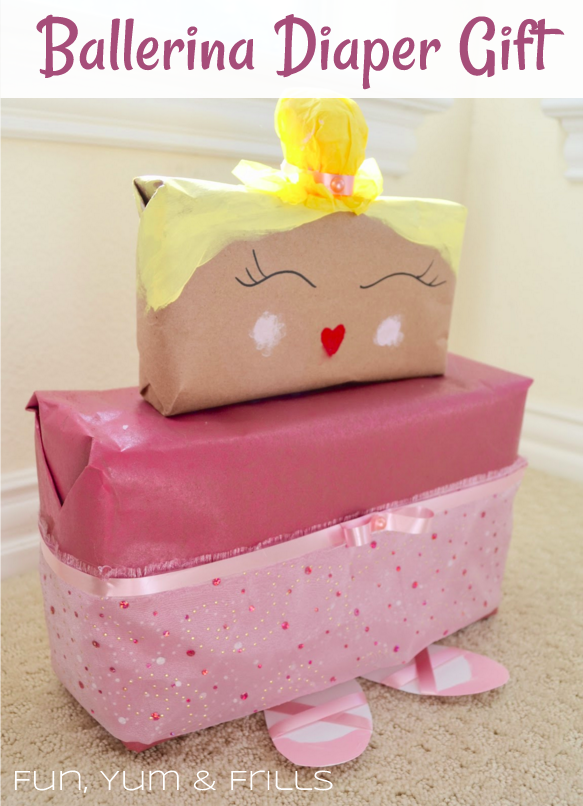 {Fun, Yum & Frills} Adorable and easy DIY on how to wrap your baby shower/diaper shower diapers and wipes! Make this sweet little ballerina that is sure to not be the sweetest thing in the room! Funyumandfrills.com