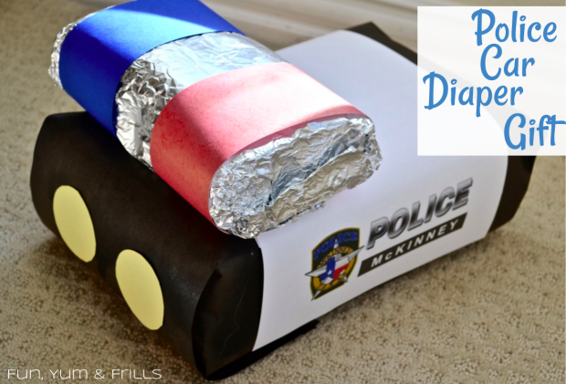 {Fun, Yum & Frills} Adorable and easy DIY on how to wrap your baby shower/diaper shower diapers and wipes! Make this sweet little police car that is sure to not be forgotten! Funyumandfrills.com