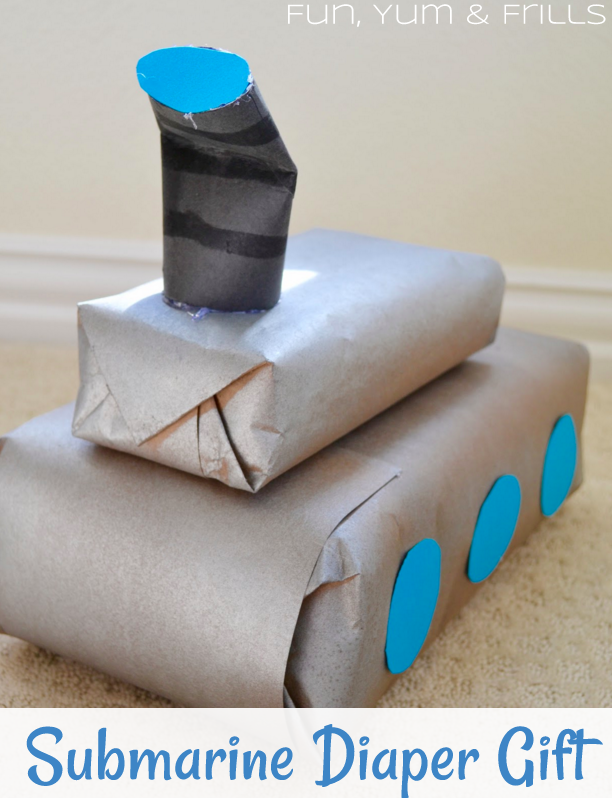 {Fun, Yum & Frills} Adorable and easy DIY on how to wrap your baby shower/diaper shower diapers and wipes! Make this sweet little submarine that is sure to not be forgotten! Funyumandfrills.com